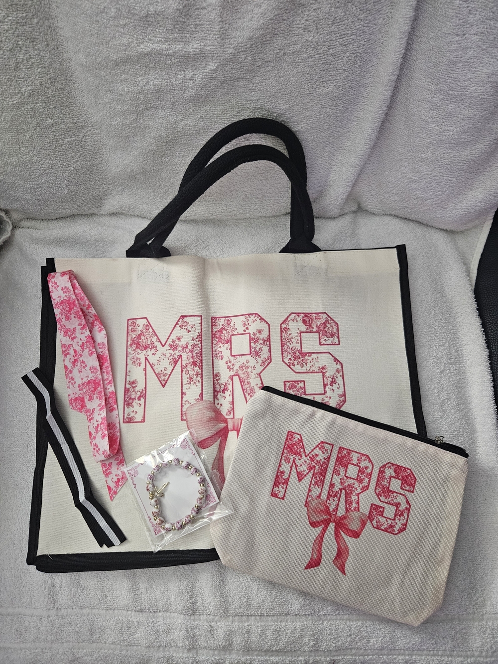 Mrs Tote Bag Makeup Pouch Set Bow Pink Floral Varsity Letter Bridal Gift